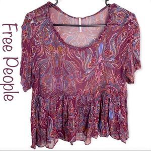 Free People XS Paisley Chiffon Boho Print Say You Will Babydoll Top Blouse